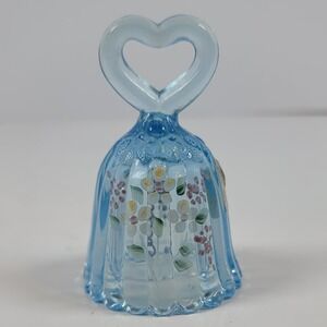 Fenton Blue Art Glass Bell Hand Painted Floral Heart Handle Scalloped Edge 3.25"